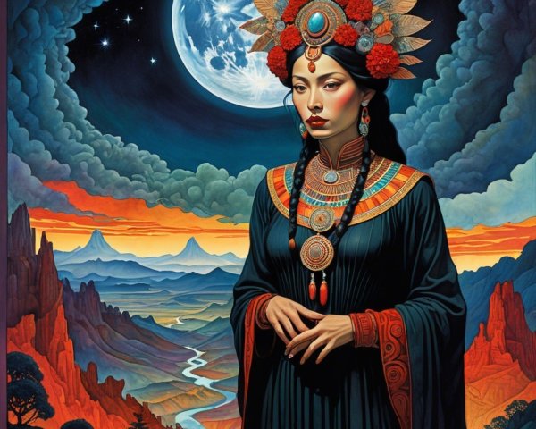 Regal figure in dark robe against dramatic landscape