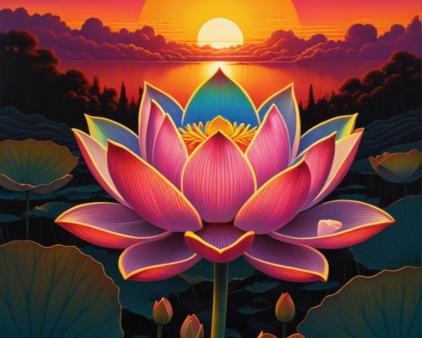 Vibrant Pink Lotus Blooms at Sunset with Clouds
