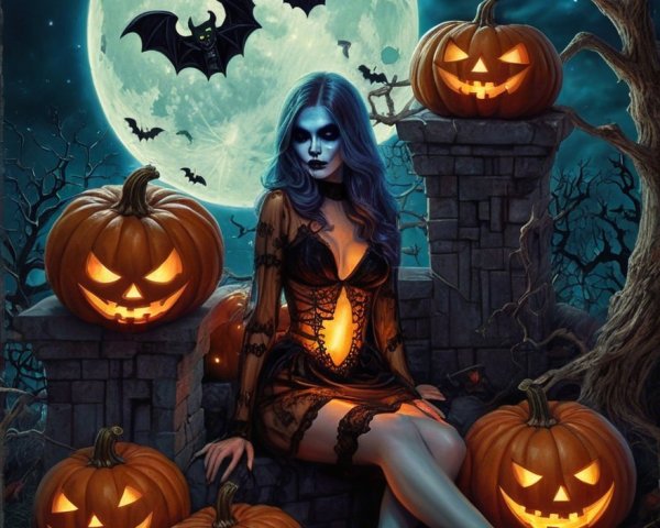 Mystical Halloween Scene with Skull-Painted Woman