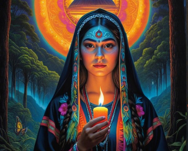 Vibrant Traditional Figure with Candle in Nature Setting