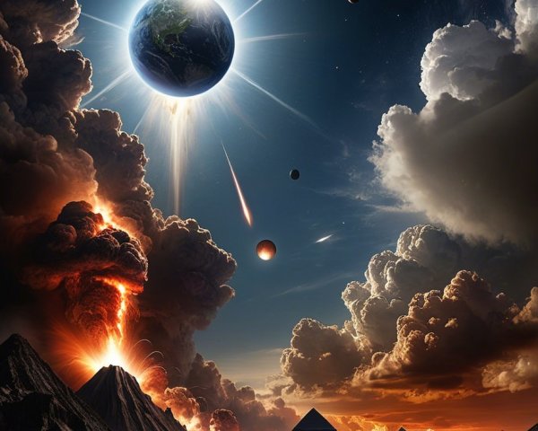 Cosmic Scene with Earth, Pyramids, and Volcanoes