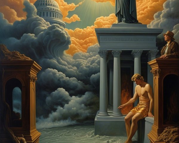 Surreal Scene with Moon, Water, and Neoclassical Elements