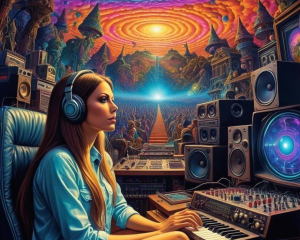 Surreal Scene of a Woman in Cosmic Music Production