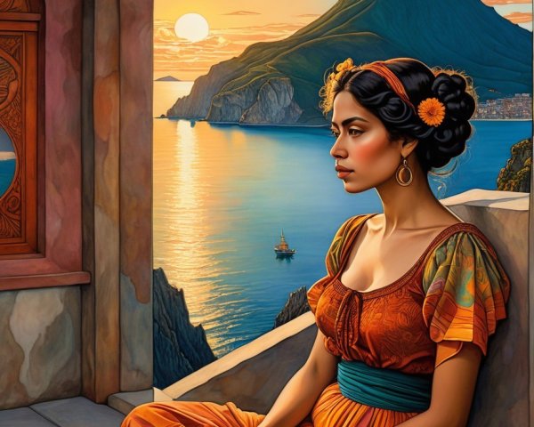 Woman in patterned dress gazes at sunset over sea