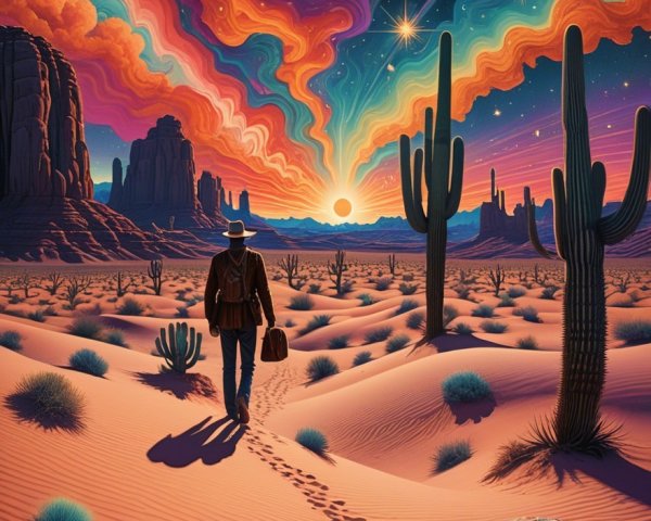 Surreal Desert Landscape with Vibrant Sky and Cacti