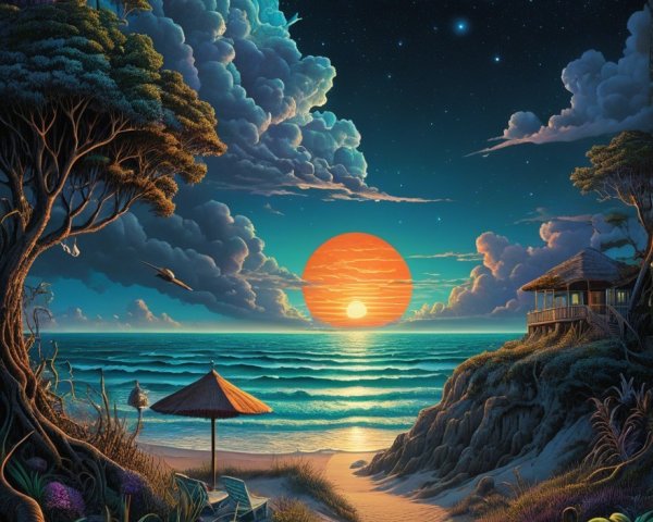 Surreal Coastal Sunset with Vibrant Colors and Waves