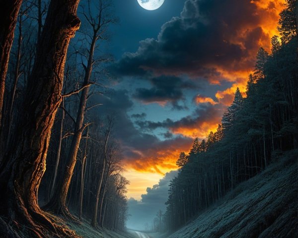 Winding Dirt Road Through a Dark Forest at Night