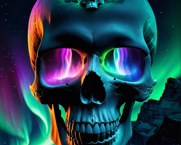 Digital Artwork of Glowing Skulls in Serene Landscape