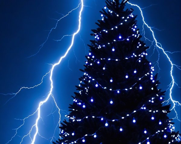 Evergreen Christmas Tree with Blue Lights and Lightning