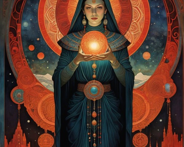Mystical Figure in Blue Robes with Glowing Orb