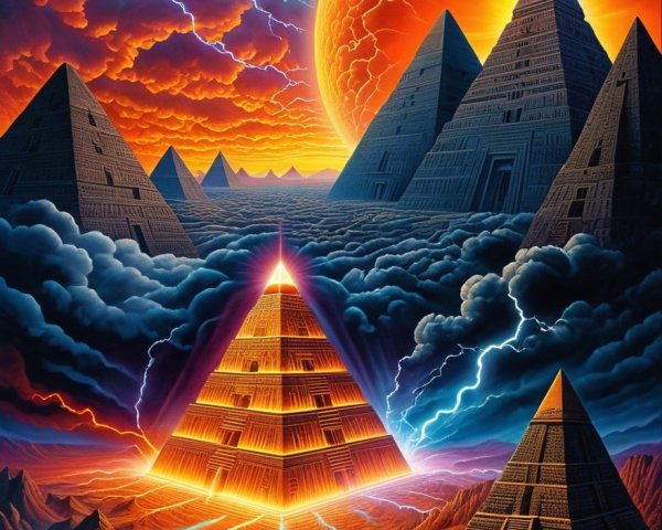 Surreal Landscape with Pyramids and Dramatic Sky