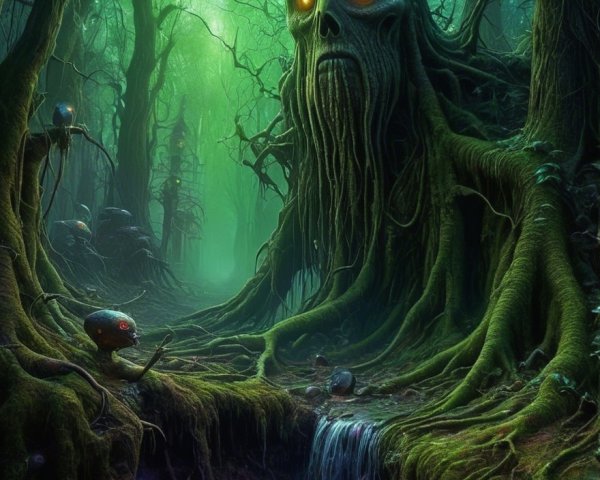 Ancient Figure in a Luminescent Forest Setting