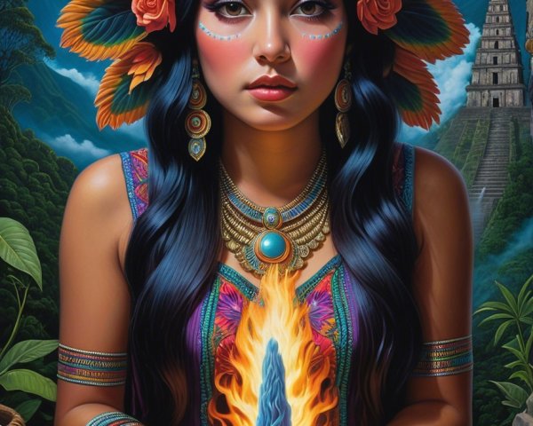 Young woman with flowers and flame in mystical landscape