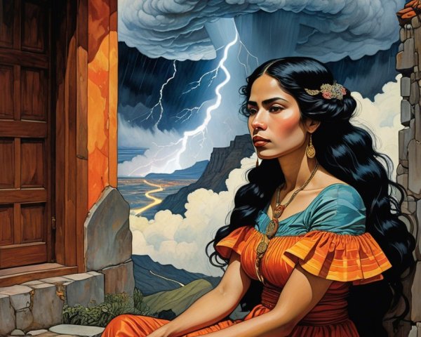 Woman in Colorful Dress Amidst Stormy Landscape