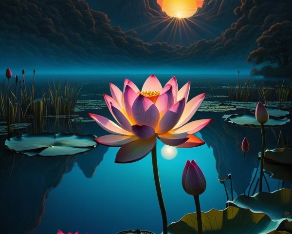 Lotus Flower in Tranquil Pond at Sunset
