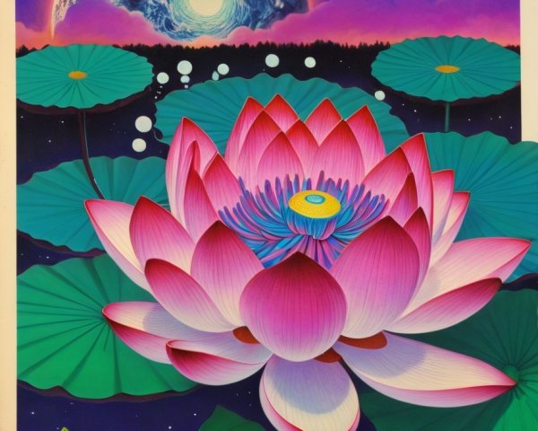 Vibrant Pink Lotus Flower in Cosmic Background