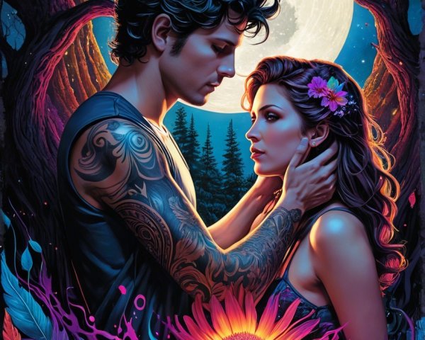 Romantic Moonlit Scene with Couple and Vibrant Flora