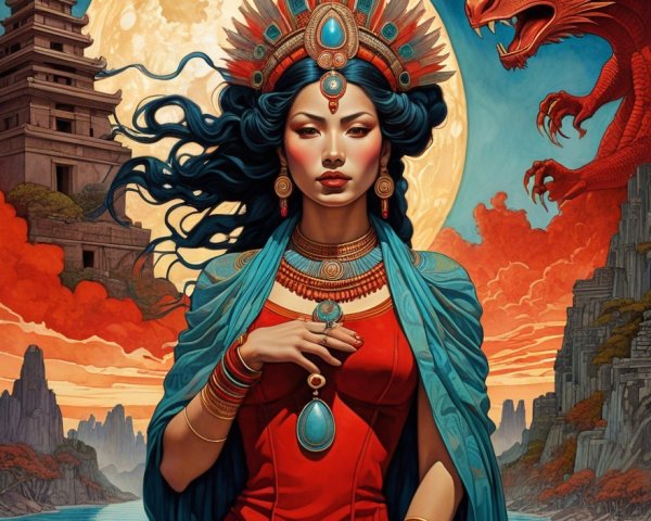 Female Figure in Red Dress with Moon and Planets