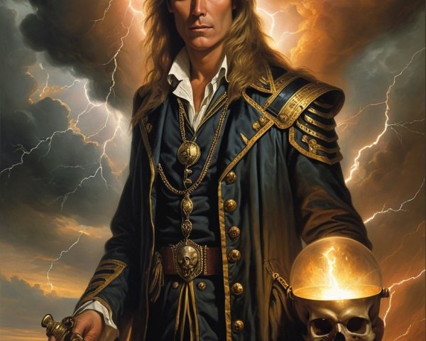 Dramatic portrait of a figure in ornate captain's coat
