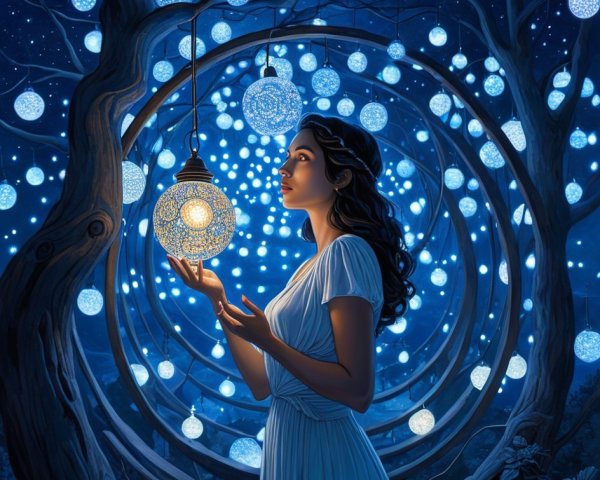 Night Scene with Glowing Orbs and Young Woman