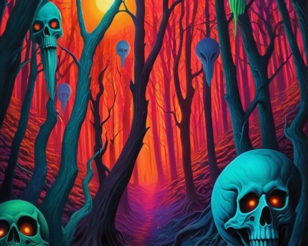 Surreal Forest Scene with Glowing Sunset and Skulls