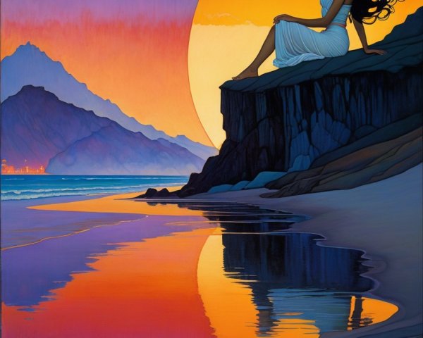 Serene Sunset Scene with Woman on Rocky Cliff