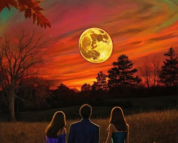 Couple and Friend Enjoy Sunset in Grassy Field