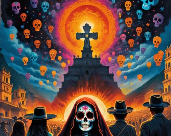 Vibrant Day of the Dead Scene with Skeleton and Skulls