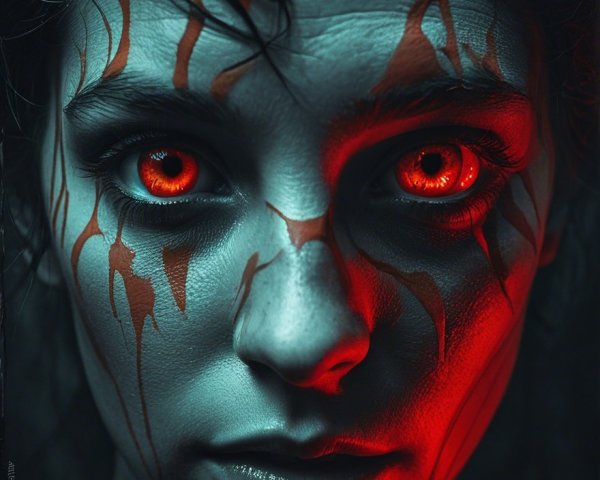 Portrait with Dramatic Makeup and Fiery Red Eyes