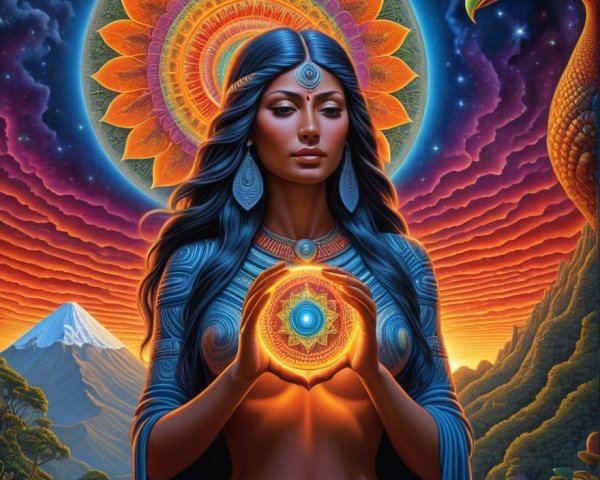 Mystical Woman with Blue Hair and Glowing Orb