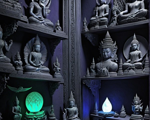 Ancient Buddha Statues in a Dark Buddhist Temple