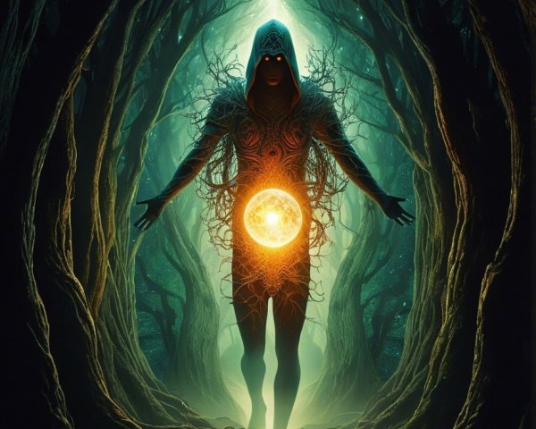 Hooded Figure in Mystical Forest with Glowing Core
