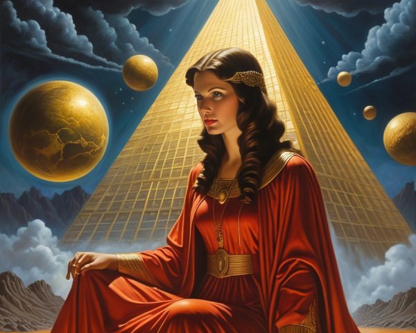 Serene Woman in Red Robe Among Celestial Bodies