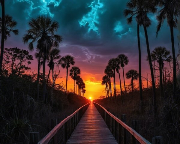 Wooden Boardwalk at Sunset with Palm Trees and Moon