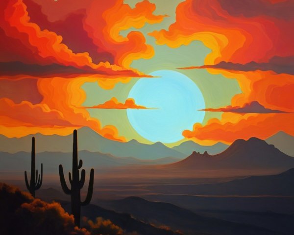 Vibrant Sunset Over Desert Landscape with Cacti