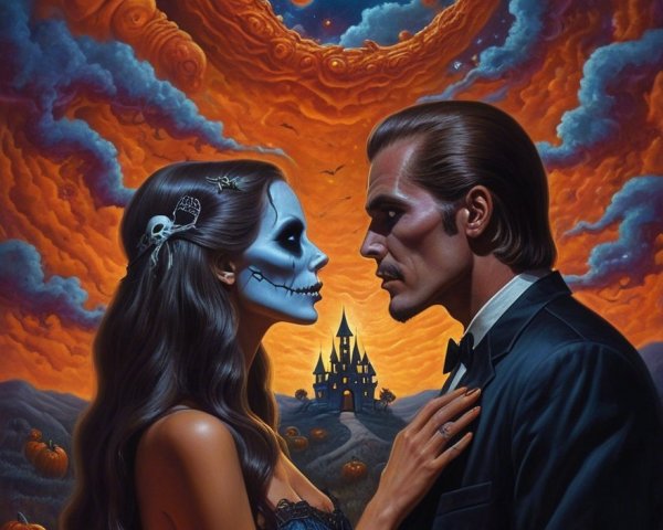 Couple in Twilight with Skull Mask and Tuxedo