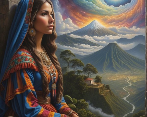 Serene Woman in Traditional Attire with Cosmic Landscape