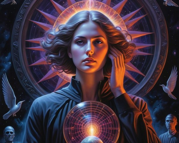 Mystical Woman with Glowing Orb and Cosmic Elements