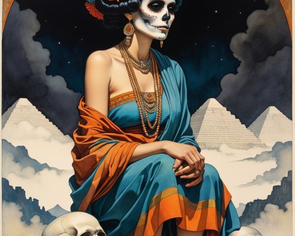 Woman in Skull Makeup Surrounded by Skulls and Pyramids