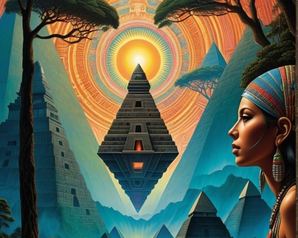 Surreal Landscape with Pyramids and Mystical Elements