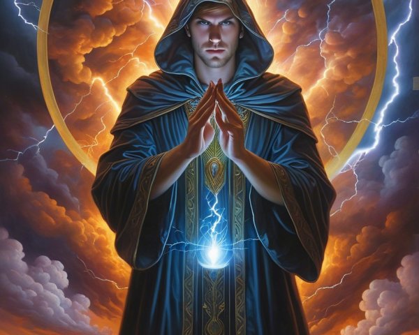 Cloaked Figure Channeling Energy Amidst Stormy Landscape