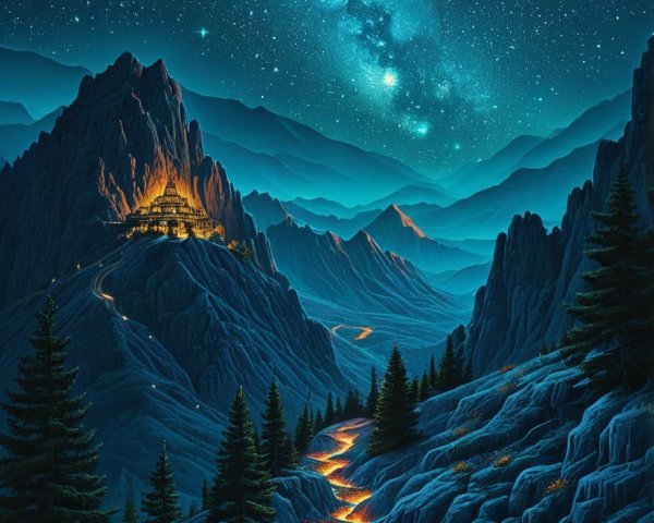 Majestic Mountains Under Starlit Sky and River of Light