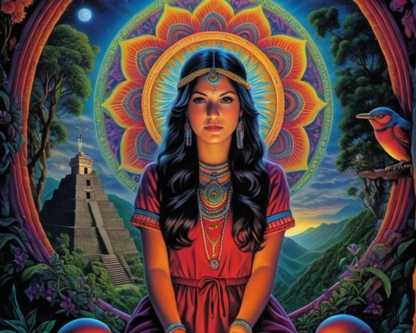 Vibrant Artwork of Woman in Red Dress and Mandalas