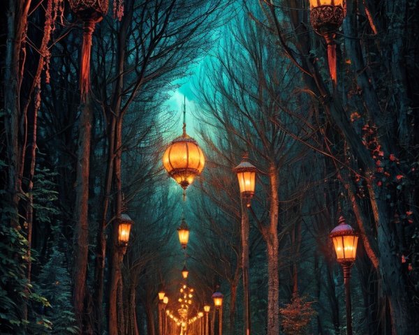 Enchanted Forest Pathway with Glowing Lanterns