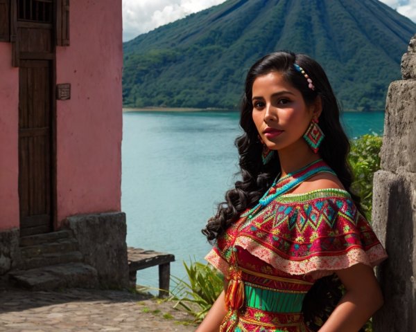 Young Woman in Traditional Attire by Serene Lake