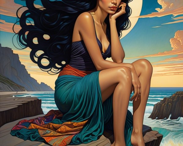 Serene Woman on Rocky Seaside at Sunset