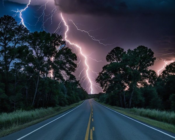 Dramatic landscape with stormy skies and lightning