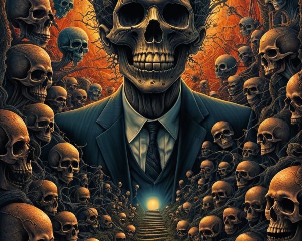 Surreal Scene of Skeleton Among Skulls and Dark Trees
