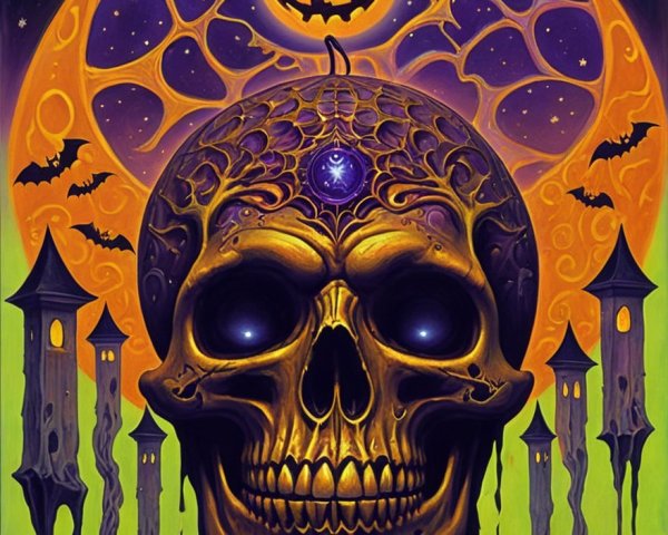 Surreal Artwork of Glowing Skull and Halloween Scene