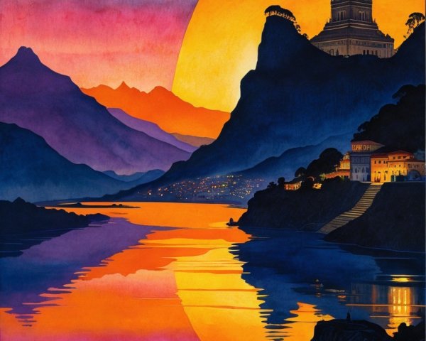 Vibrant Sunset Over Serene Landscape with Temple and River